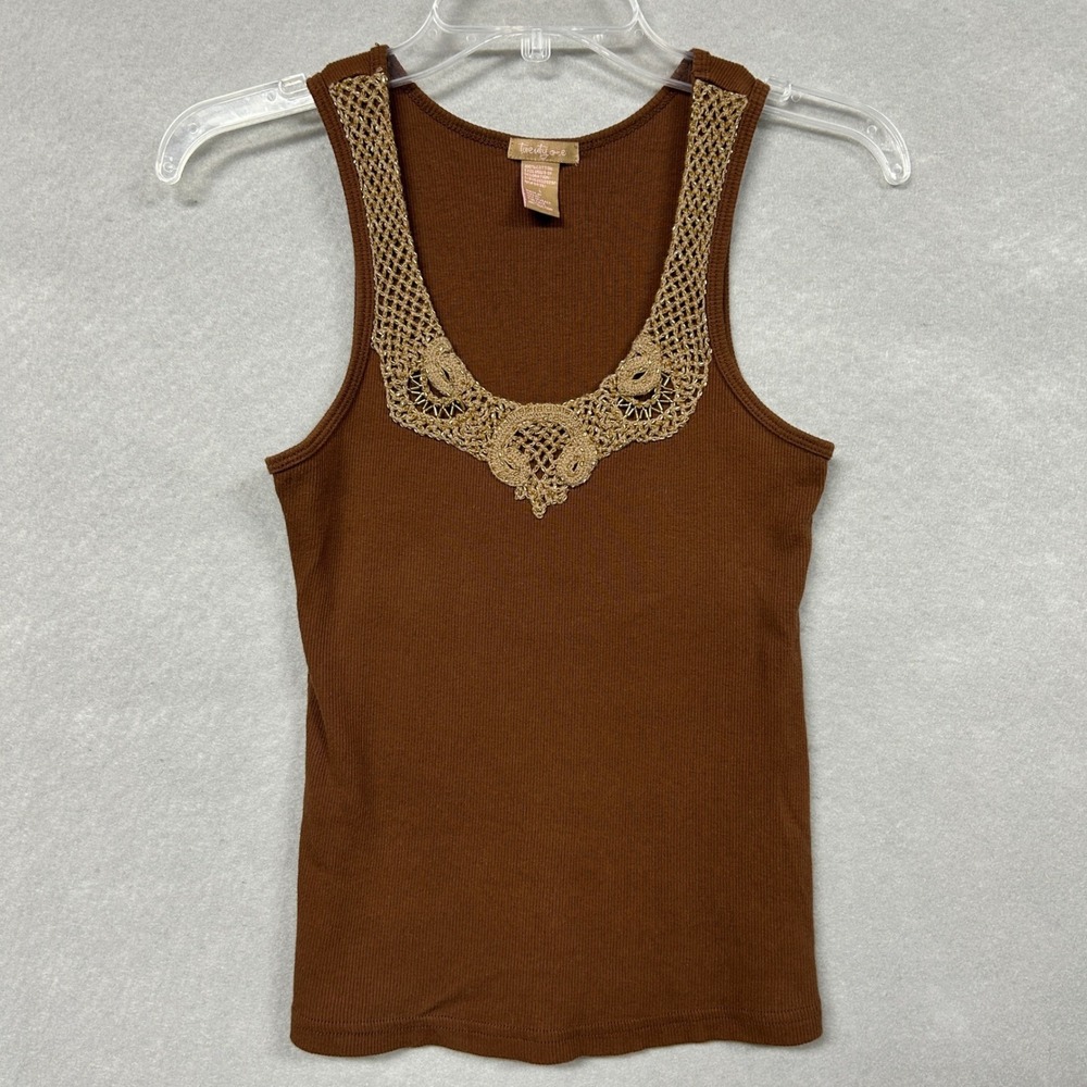 Twenty One Women L Tank Top Brown Crochet Beaded Y2K Boho Ribbed Sleeveless